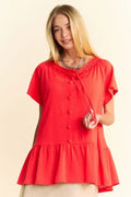 Davi & Dani Solid Lace Trim Neck Short Sleeve Peplum Top - JUST - JEN BOUTIQUE