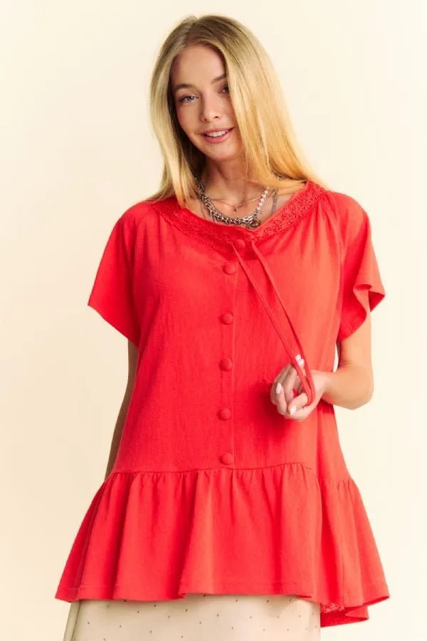Davi & Dani Solid Lace Trim Neck Short Sleeve Peplum Top - JUST - JEN BOUTIQUE