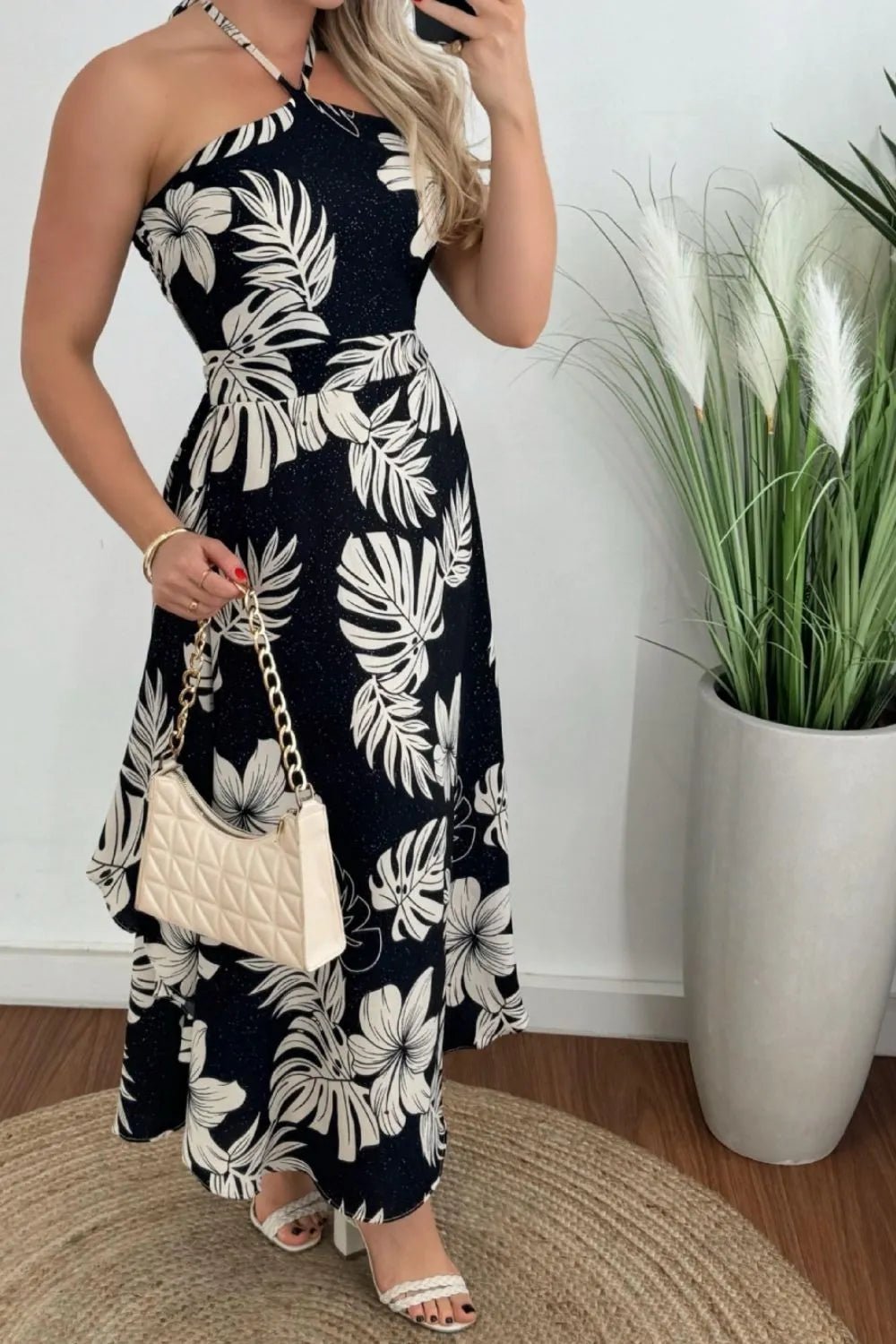 Smocked Printed Halter Neck Dress - JUST - JEN BOUTIQUE