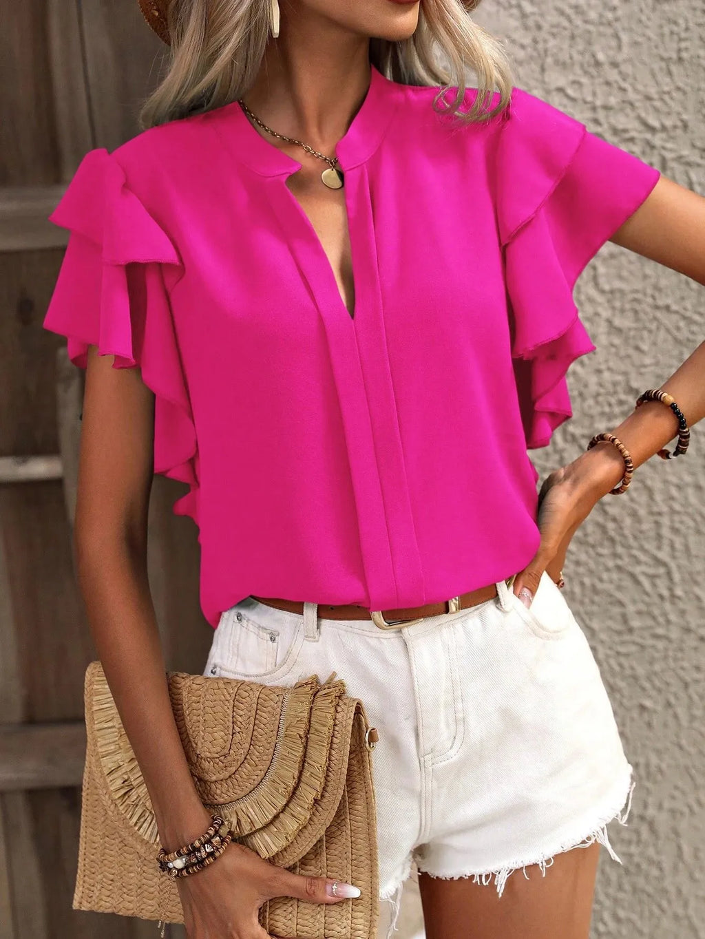 Ruffle Sleeve Notched Blouse - JUST - JEN BOUTIQUE