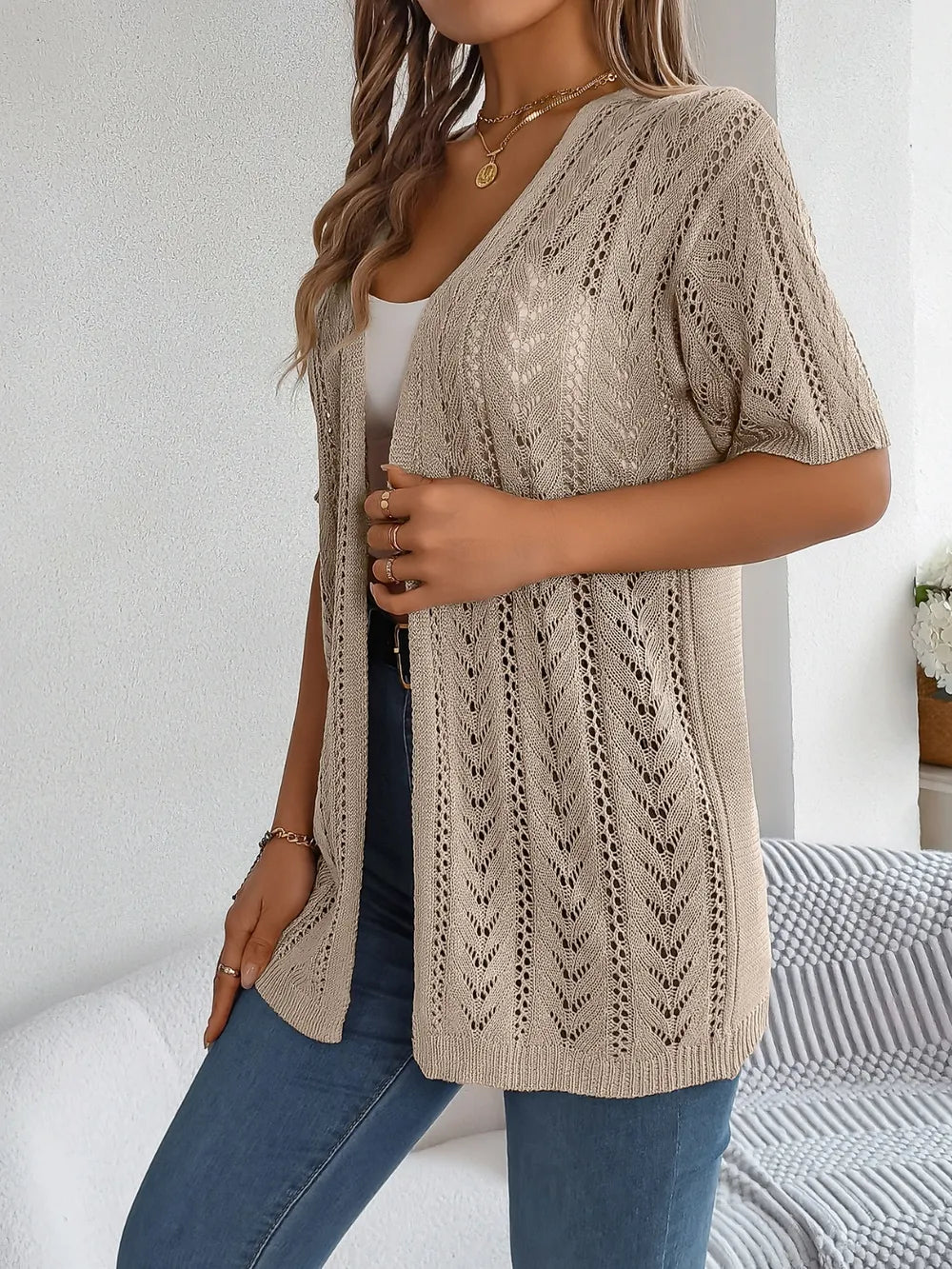 Openwork Open Front Half Sleeve Cardigan - JUST - JEN BOUTIQUE