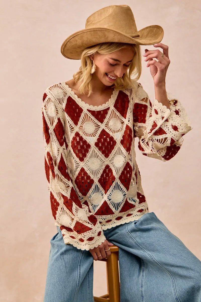 BiBi Diamond Crochet Knit Top - JUST - JEN BOUTIQUE