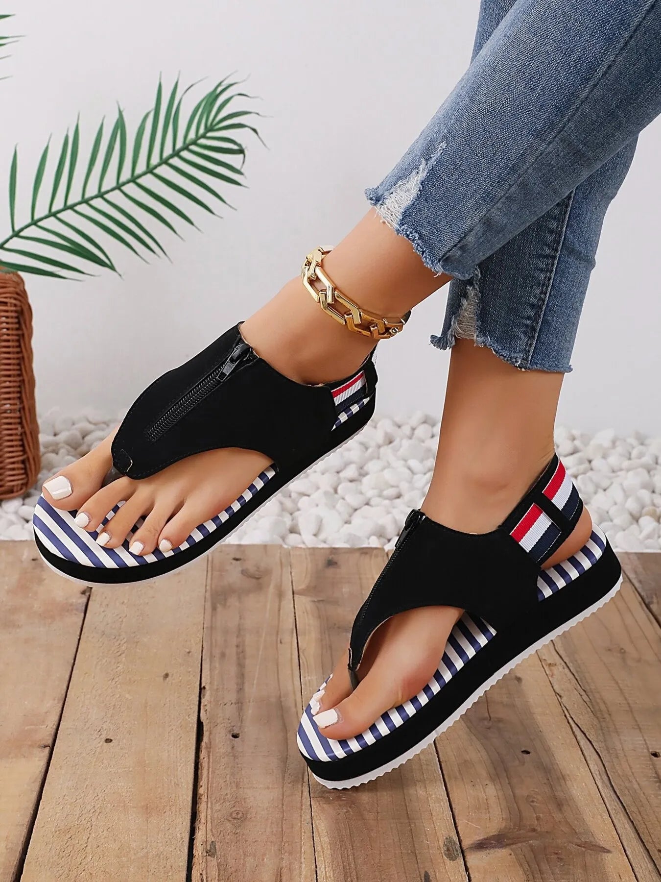 Striped Platform Toe Post Sandals - JUST - JEN BOUTIQUE