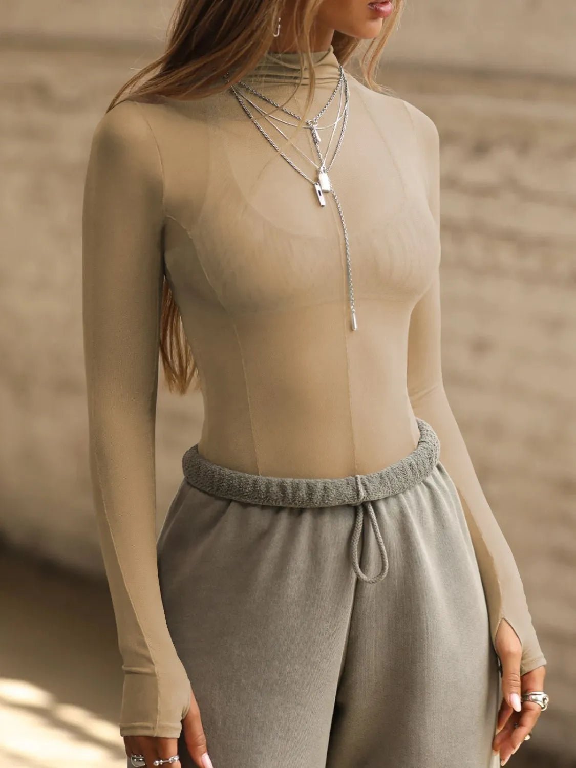 Mock Neck Long Sleeve Sheer Top - JUST - JEN BOUTIQUE