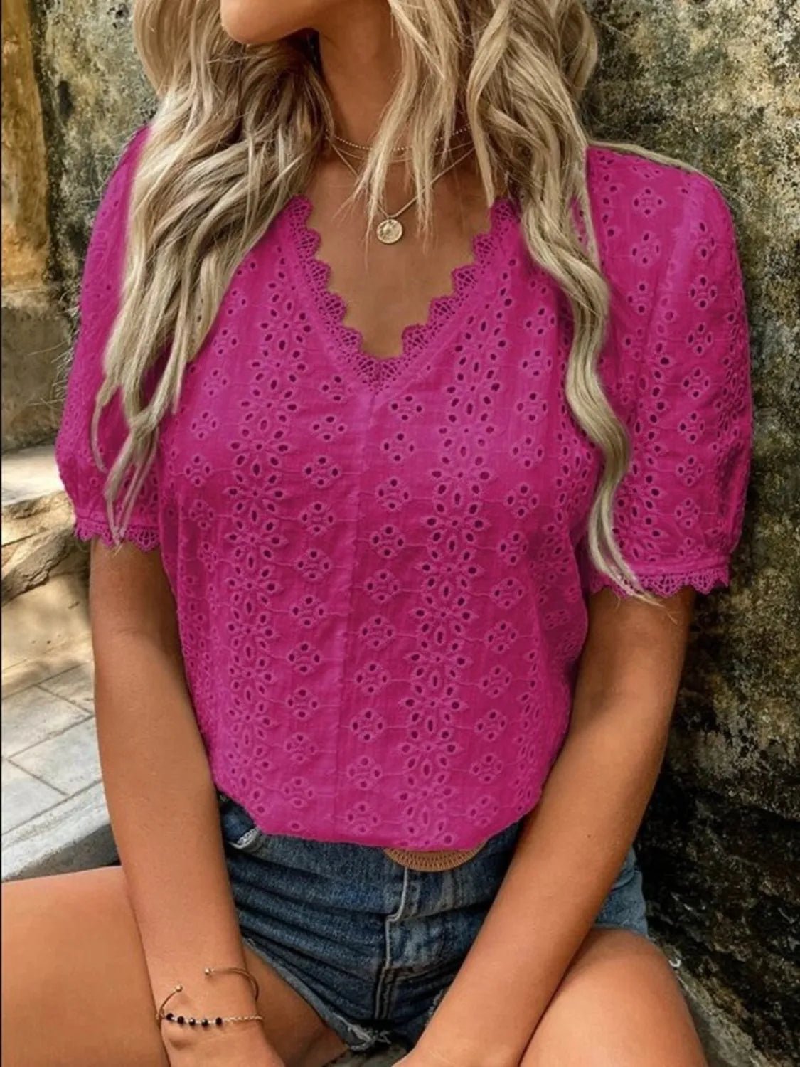 Full Size Eyelet V - Neck Short Sleeve Blouse Plus Size - JUST - JEN BOUTIQUE