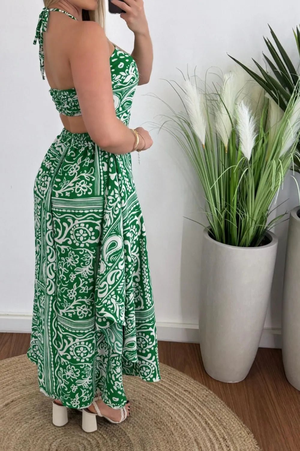 Smocked Printed Halter Neck Dress - JUST - JEN BOUTIQUE