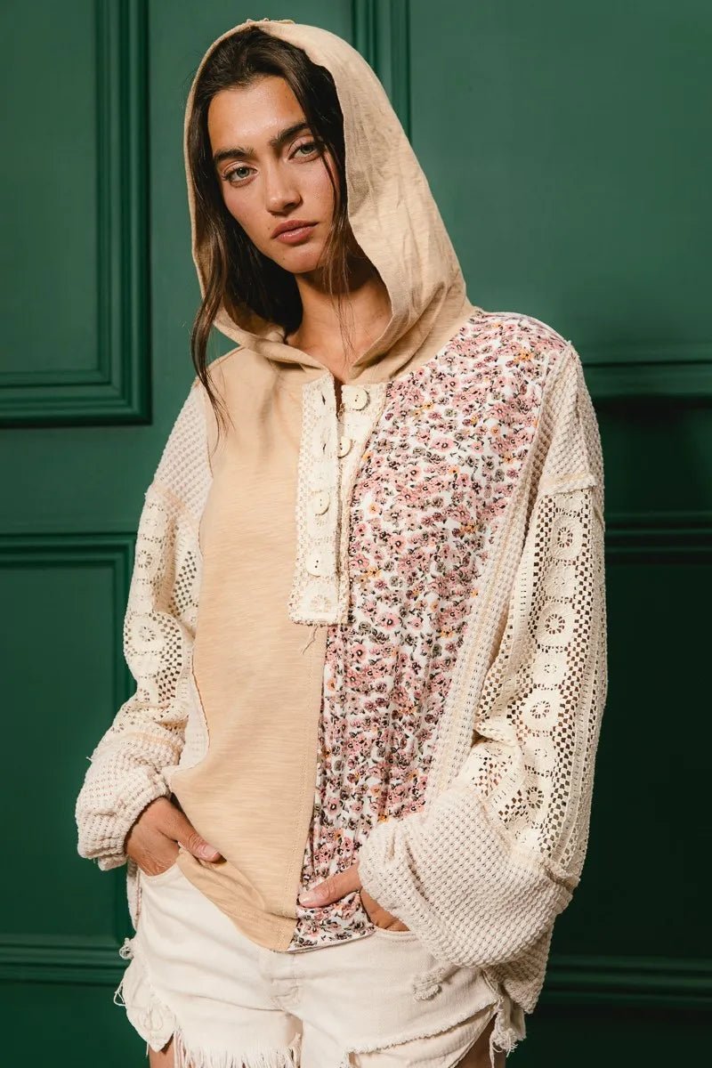 BiBi Slub Jersey with Lace Combo Buttoned Hoodie Top - JUST - JEN BOUTIQUE