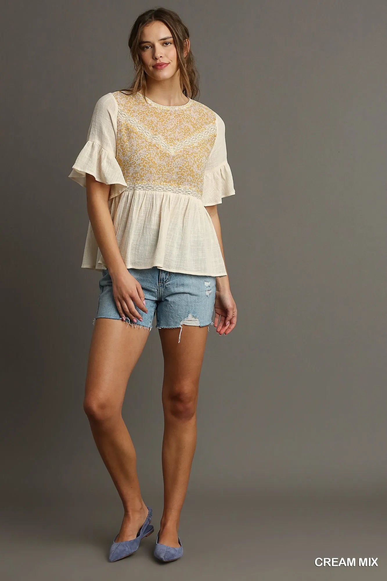 Umgee Floral Lace Trimmed Detail Half Sleeve Babydoll Top - JUST - JEN BOUTIQUE