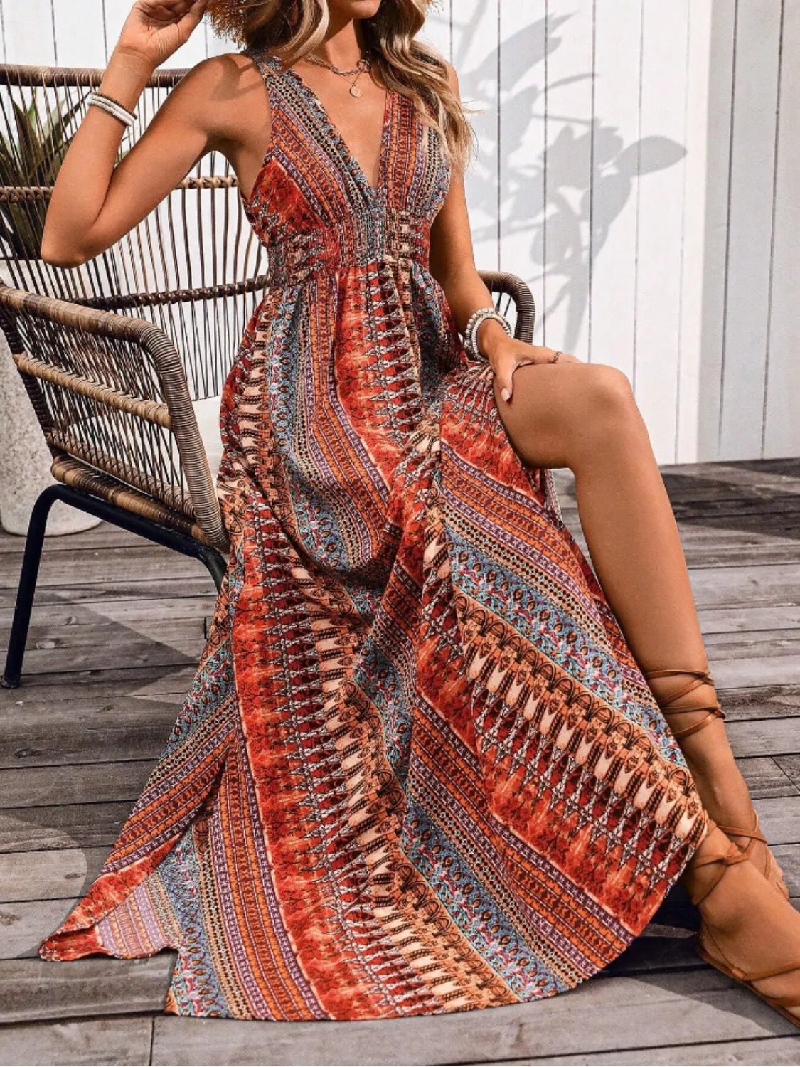 Tied Back Printed Sleeveless Maxi Slit Dress - JUST - JEN BOUTIQUE