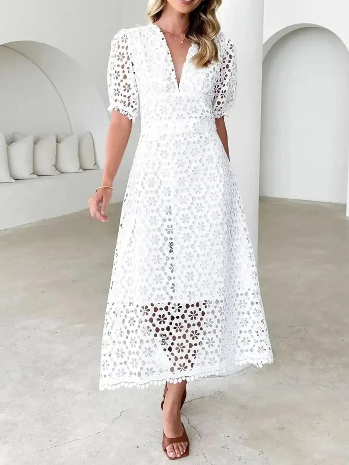 Eyelet Lace V - Neck Midi Dress with Puff Sleeves - JUST - JEN BOUTIQUE