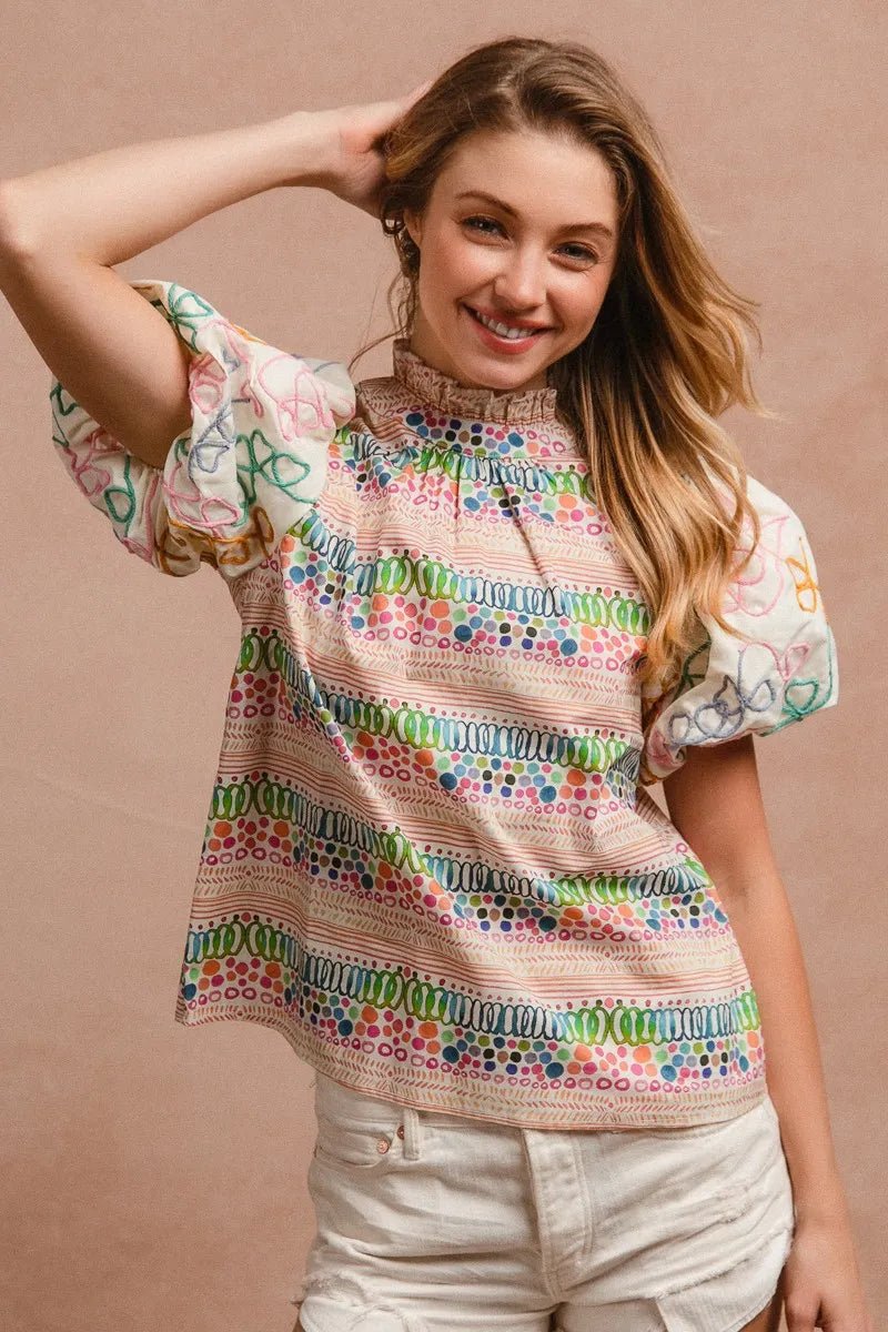 BiBi Ruffle Neckline Blouse With Embroidery Bubble Sleeve - JUST - JEN BOUTIQUE