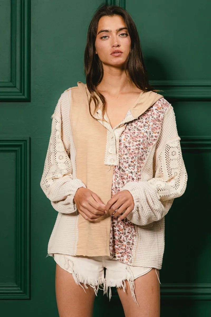 BiBi Slub Jersey with Lace Combo Buttoned Hoodie Top - JUST - JEN BOUTIQUE