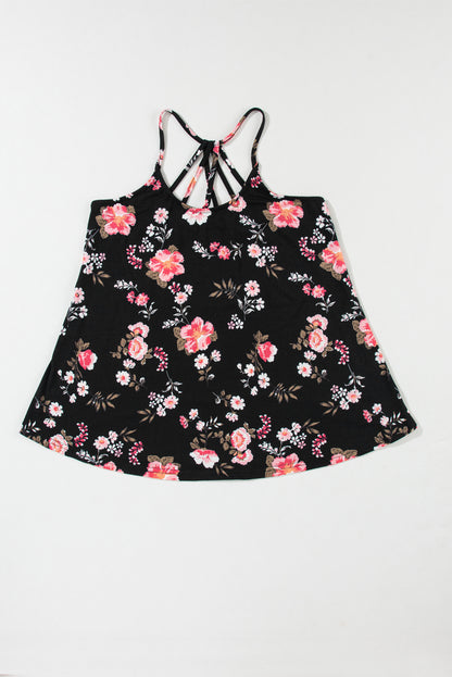 Black Floral Spaghetti Straps Strappy Back Tank Top