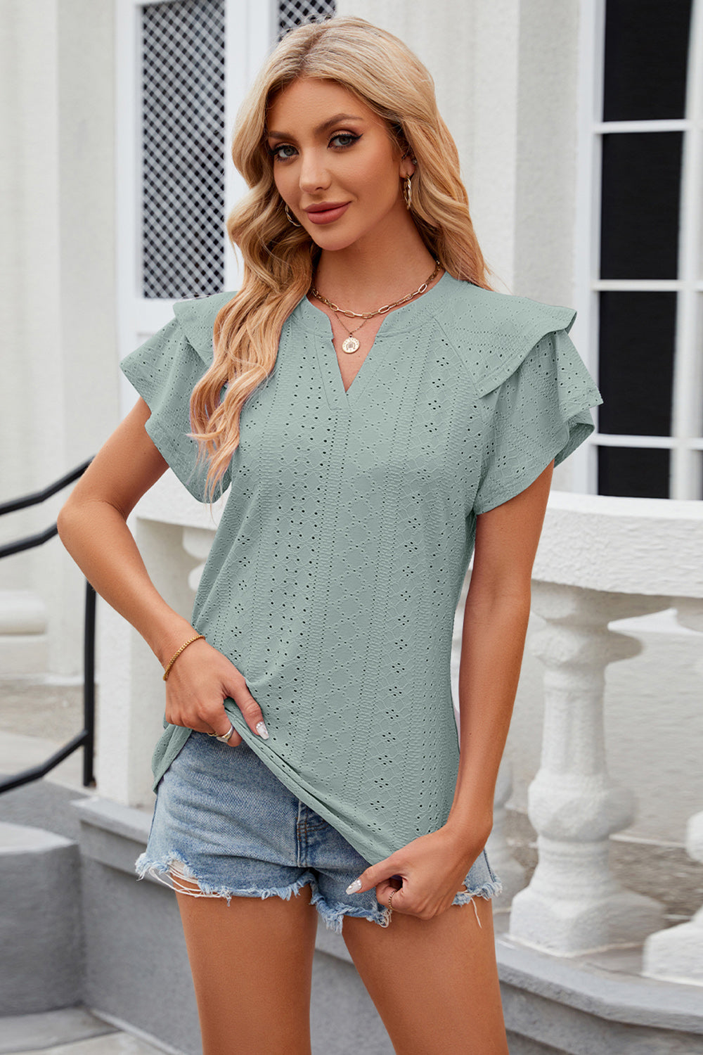 Eyelet Notched Short Sleeve T-Shirt