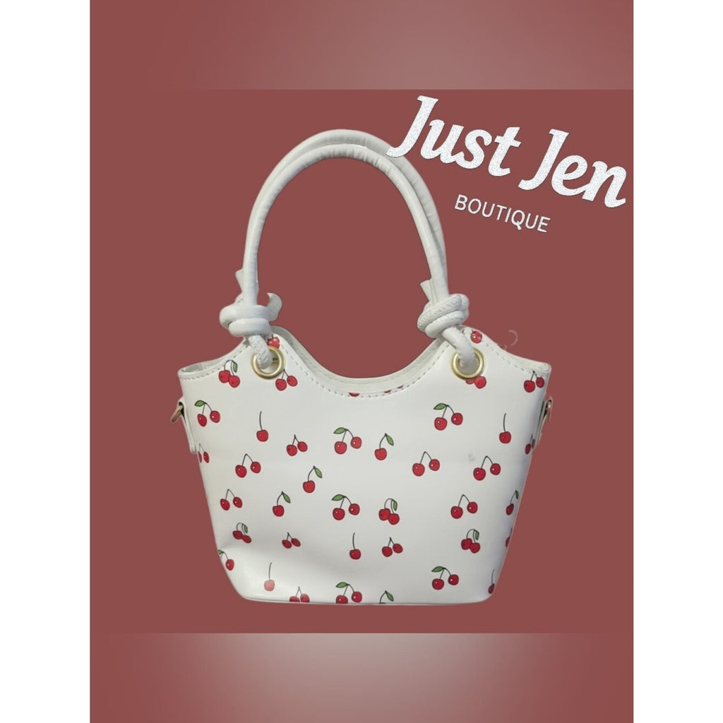 Cherry Print Faux Leather Crossbody Handbag Purse w/ Cherry Bag Charm