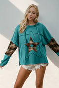 Double Take Drawstring Plaid Star Patch Long Sleeve Hoodie - JUST - JEN BOUTIQUE