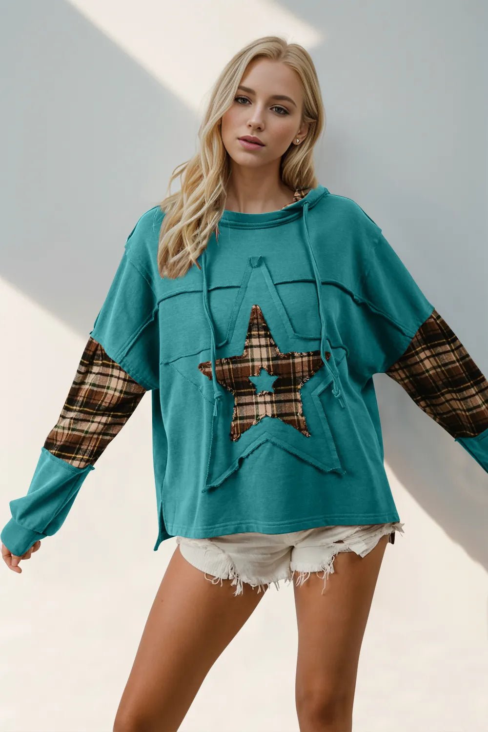Double Take Drawstring Plaid Star Patch Long Sleeve Hoodie - JUST - JEN BOUTIQUE