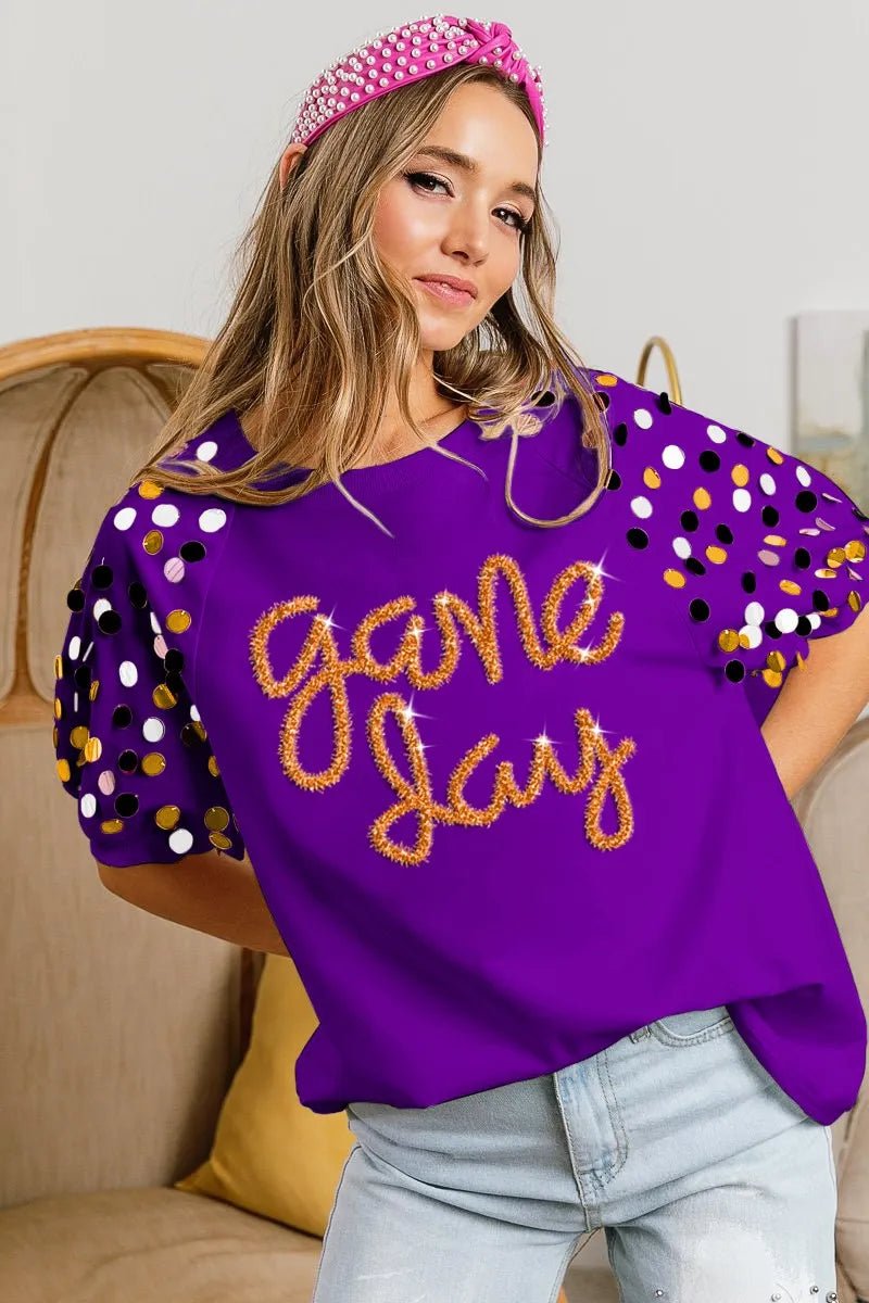 BiBi Game Day Metallic Letter Spangle Sleeve Top - JUST - JEN BOUTIQUE