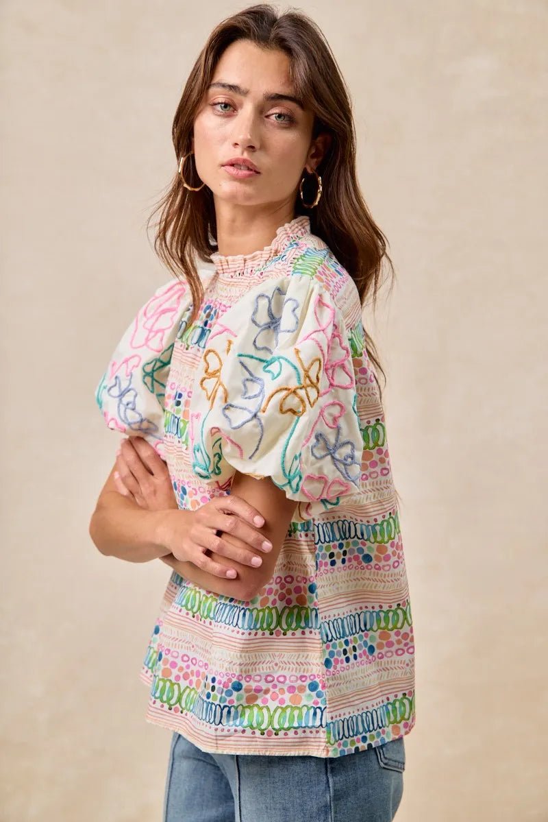 BiBi Ruffle Neckline Blouse With Embroidery Bubble Sleeve - JUST - JEN BOUTIQUE