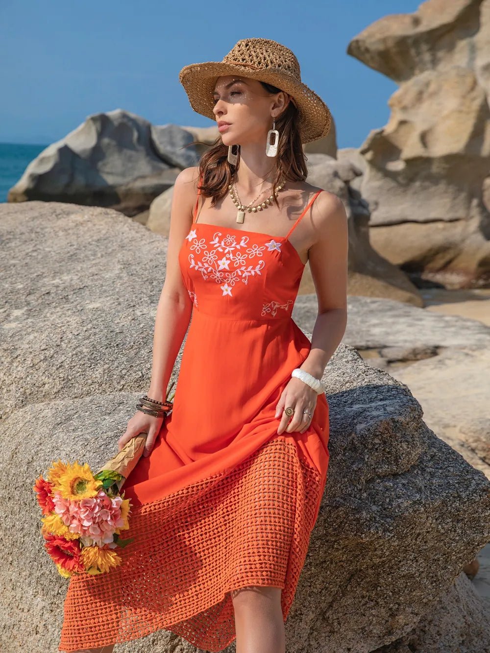 Embroidered Square Neck Midi Cami Dress - JUST - JEN BOUTIQUE