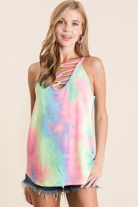 BiBi Tie Dye Terry Caged Neck Knit Camisole - JUST - JEN BOUTIQUE