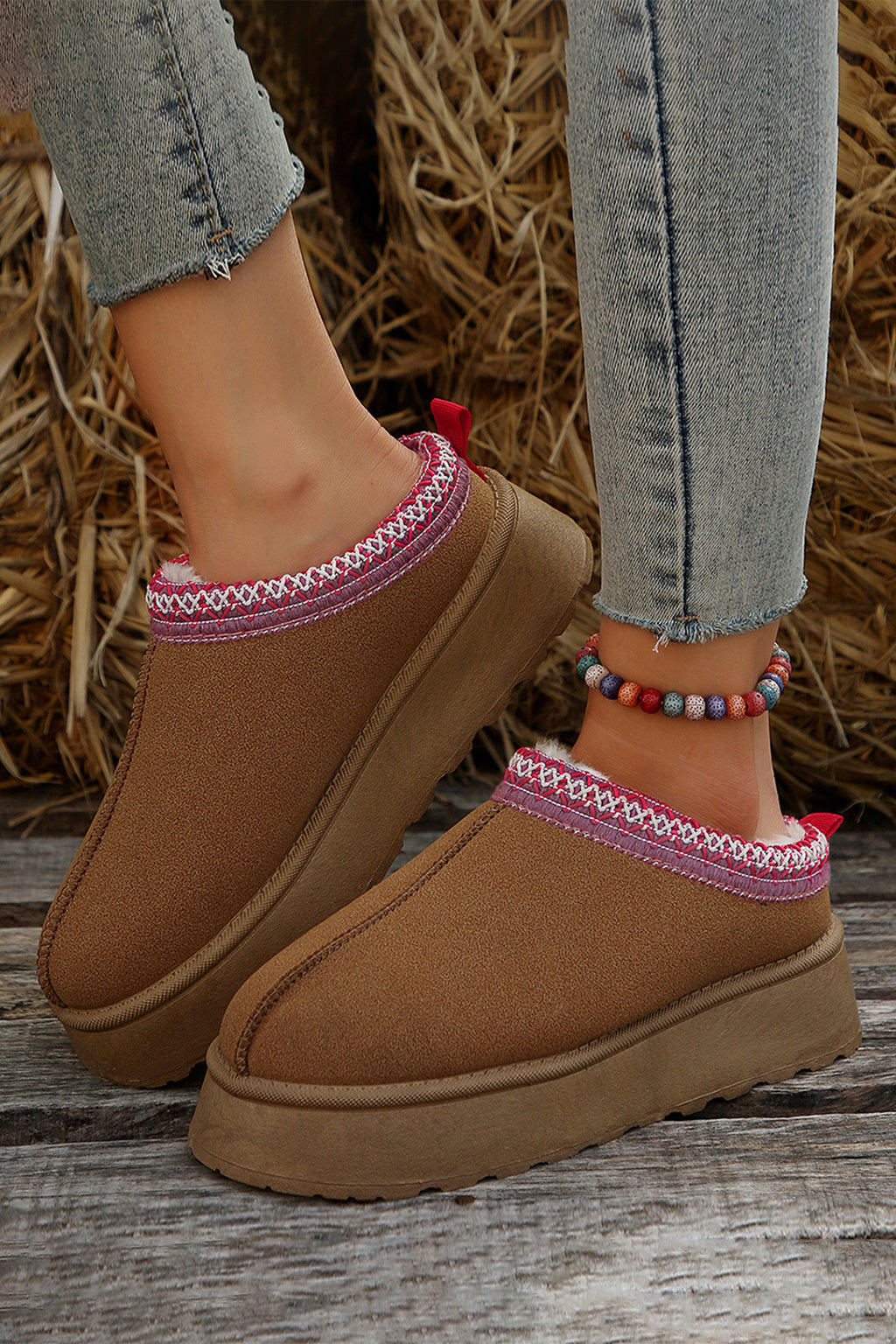 Chestnut Suede Contrast Print Plush Lined Snow Boots
