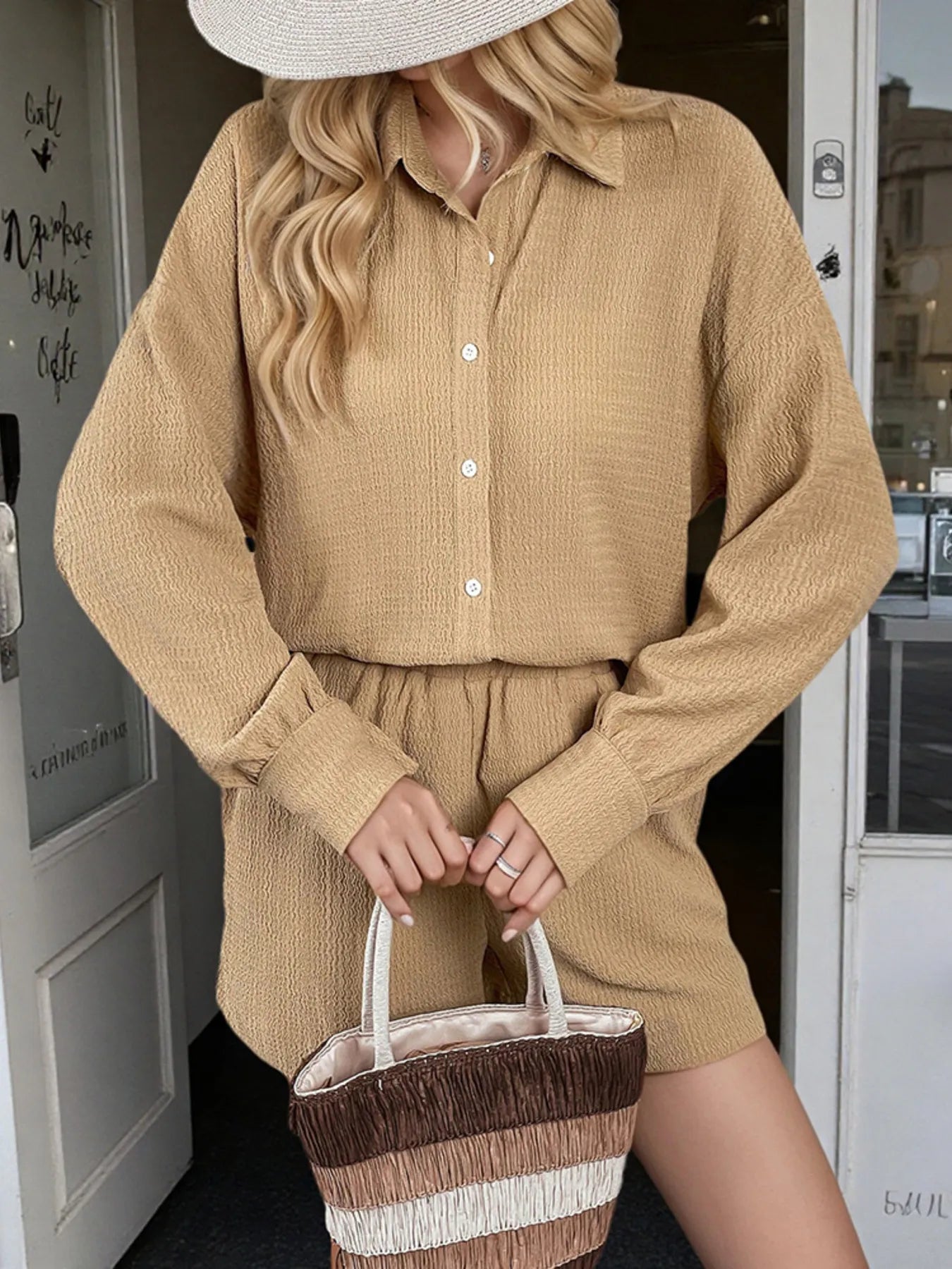 Button Up Long Sleeve Shirt and Shorts Set - JUST - JEN BOUTIQUE