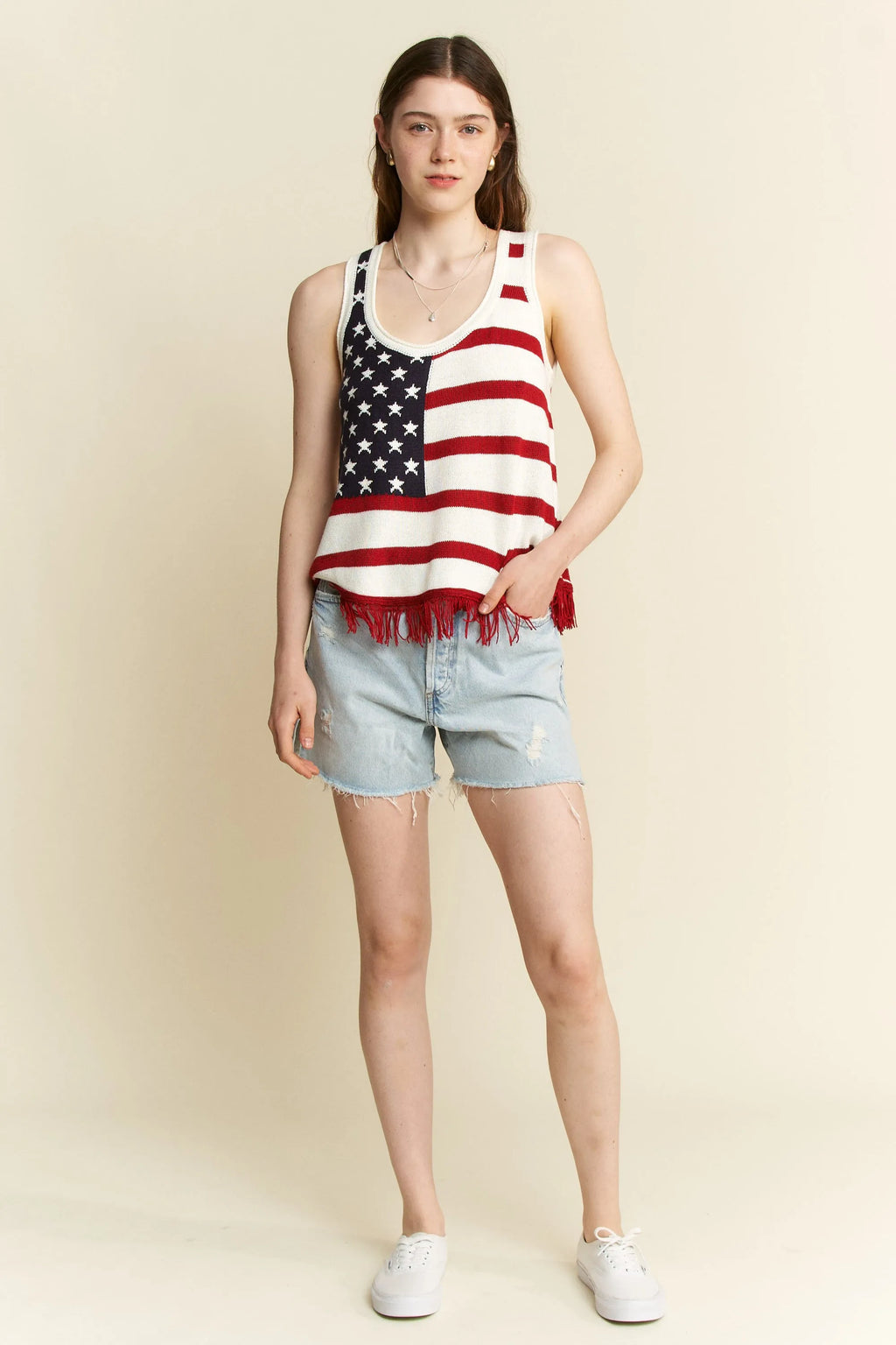 Jade By Jane Full Size American Flag Fringe Tank Top Plus Size - JUST - JEN BOUTIQUE