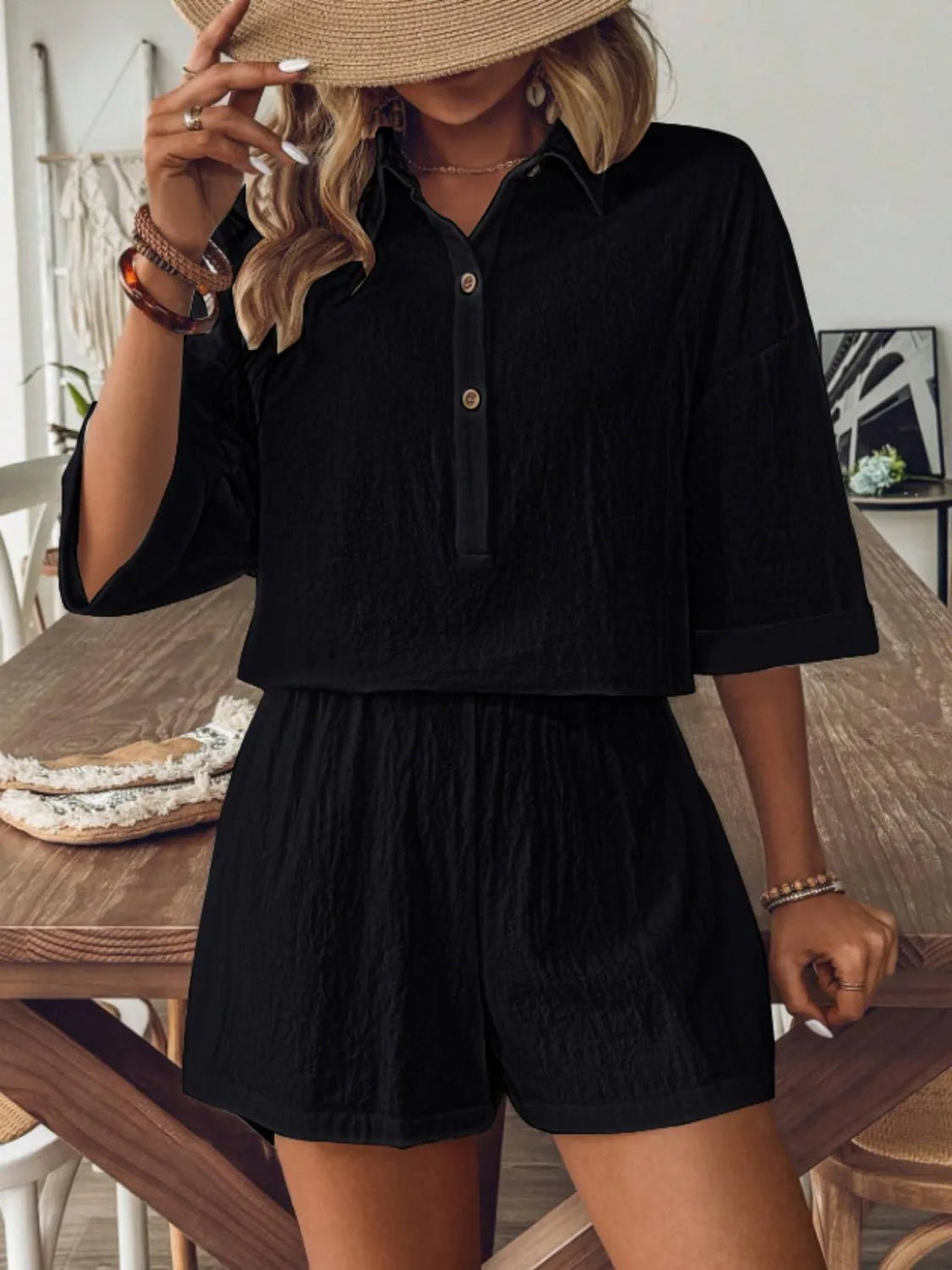 Collared Neck Half Sleeve Top and Shorts Set - JUST - JEN BOUTIQUE