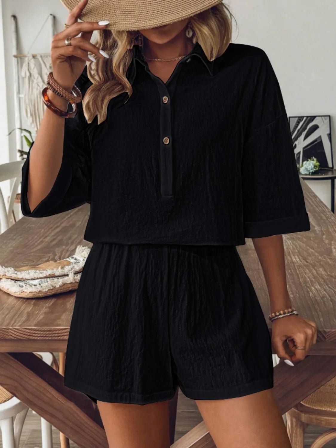 Collared Neck Half Sleeve Top and Shorts Set - JUST - JEN BOUTIQUE