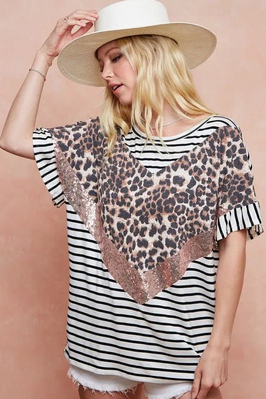 BiBi Stripe Rayon Span Knit Color Block Top With Leopard - JUST - JEN BOUTIQUE