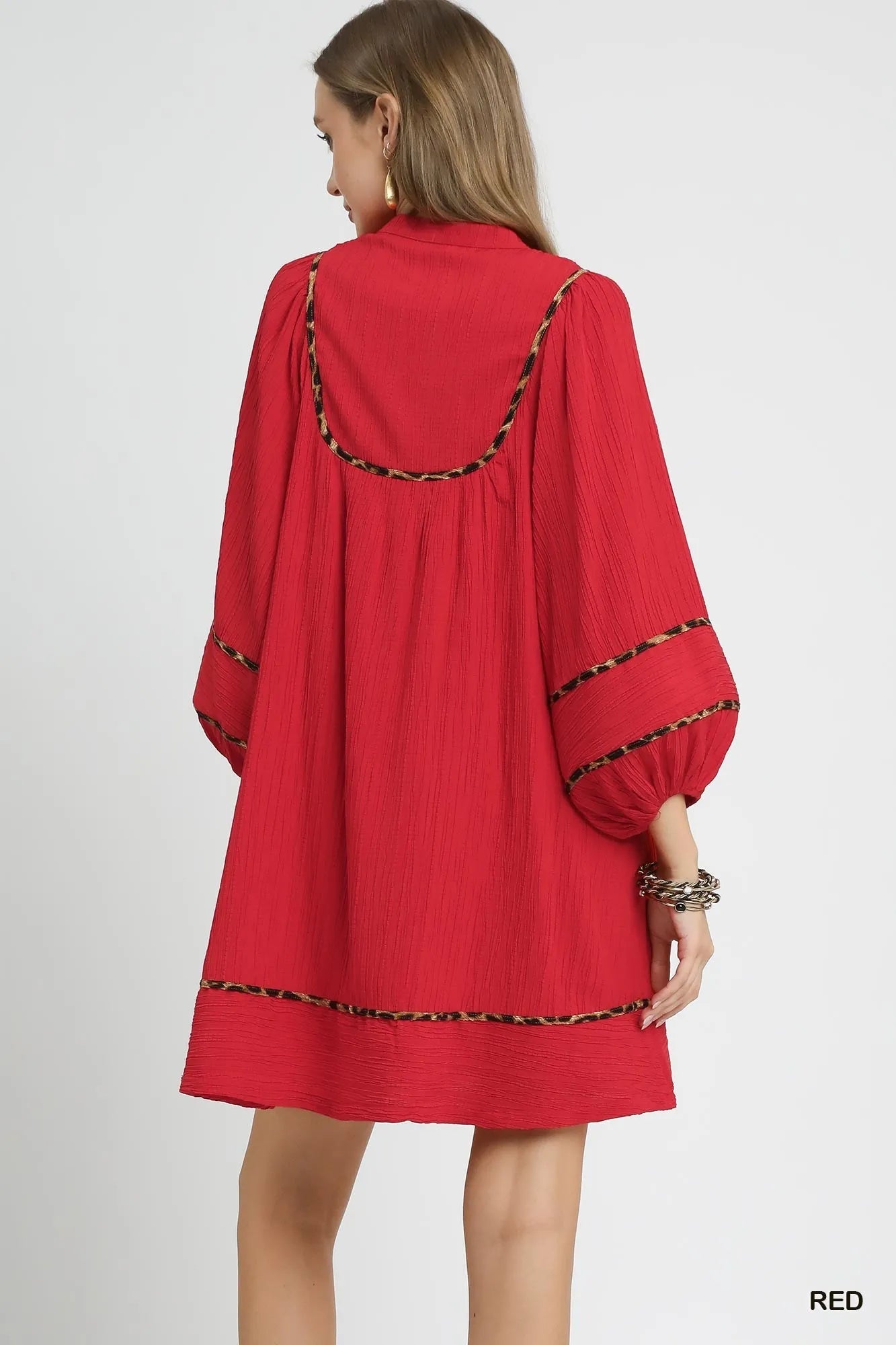 Umgee Textured Babydoll Dress with Leopard Trim - JUST - JEN BOUTIQUE