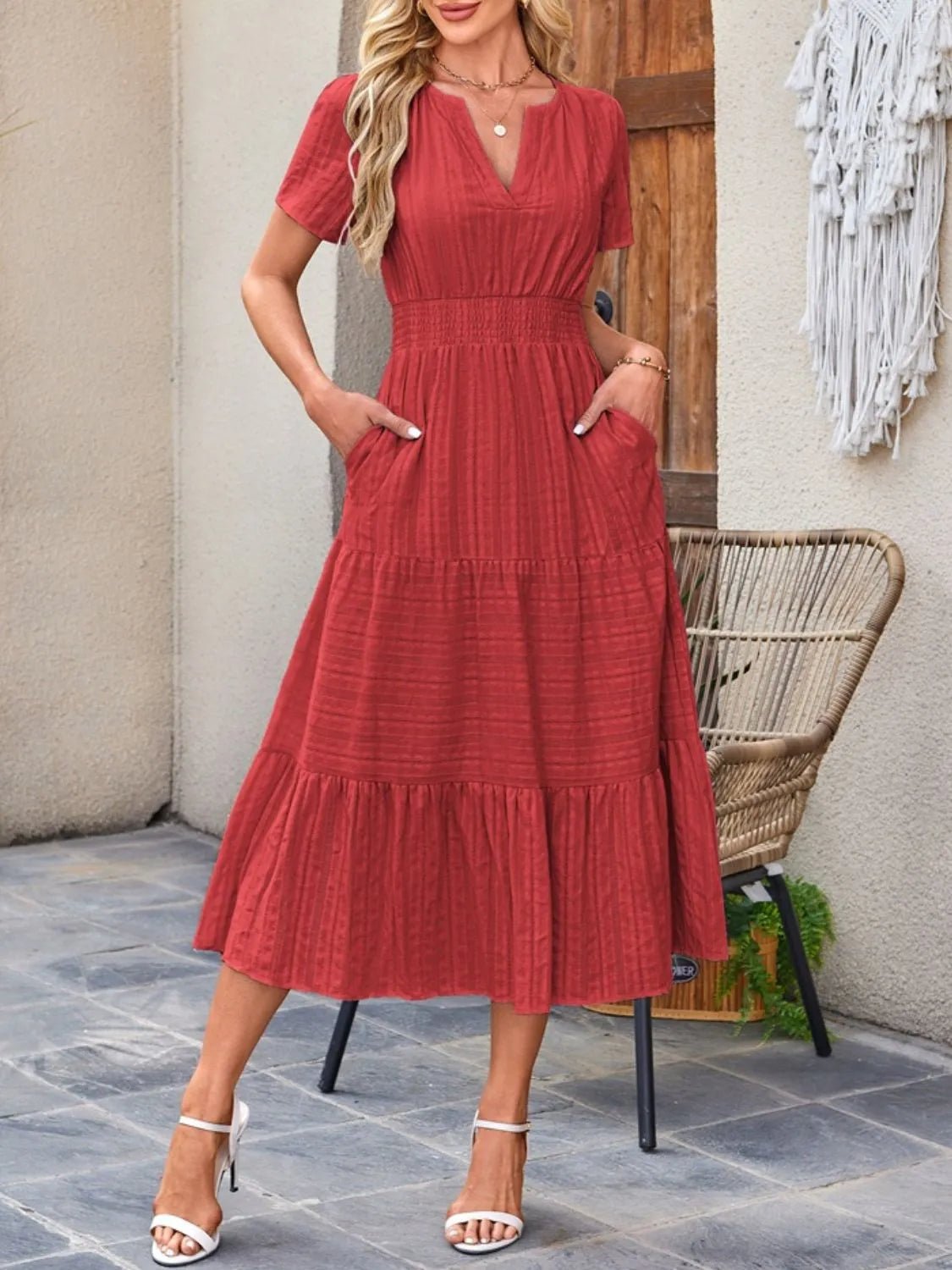 Tiered Notched Short Sleeve Dress - JUST - JEN BOUTIQUE