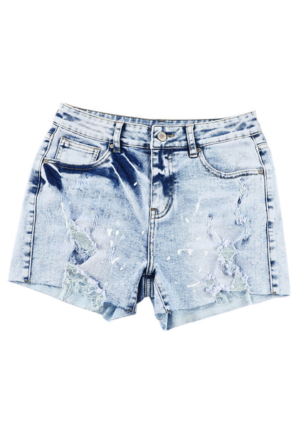 Light Blue Distressed Raw Hem Casual Bleached Denim Shorts