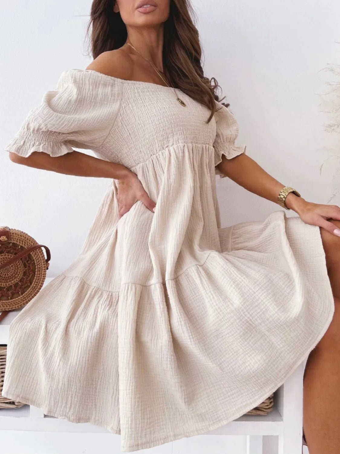 Smocked Off - Shoulder Mini Dress - JUST - JEN BOUTIQUE
