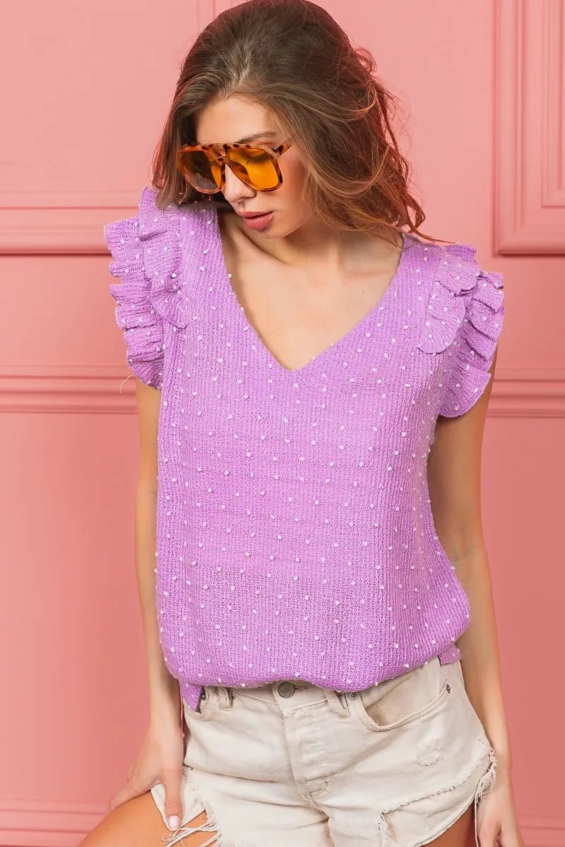 BiBi Layered Ruffle Swiss Dot Knit Top - JUST - JEN BOUTIQUE