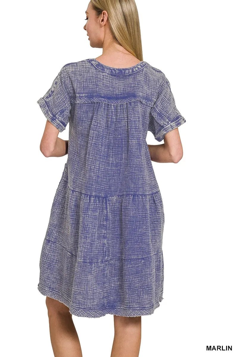 Zenana Washed Double Gauze Raw Edge V - neck Dress - JUST - JEN BOUTIQUE