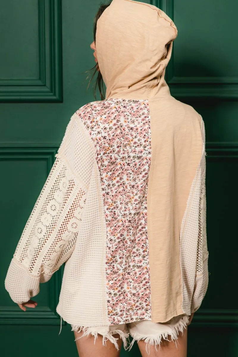 BiBi Slub Jersey with Lace Combo Buttoned Hoodie Top - JUST - JEN BOUTIQUE