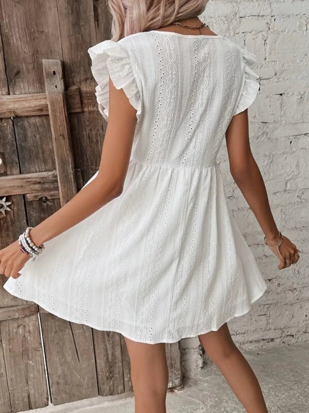 Eyelet Ruffled Cap Sleeve Mini Dress - JUST - JEN BOUTIQUE