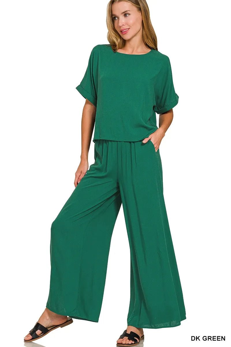 Zenana Round Neck T-Shirt and Wide Leg Pants Set - JUST - JEN BOUTIQUE