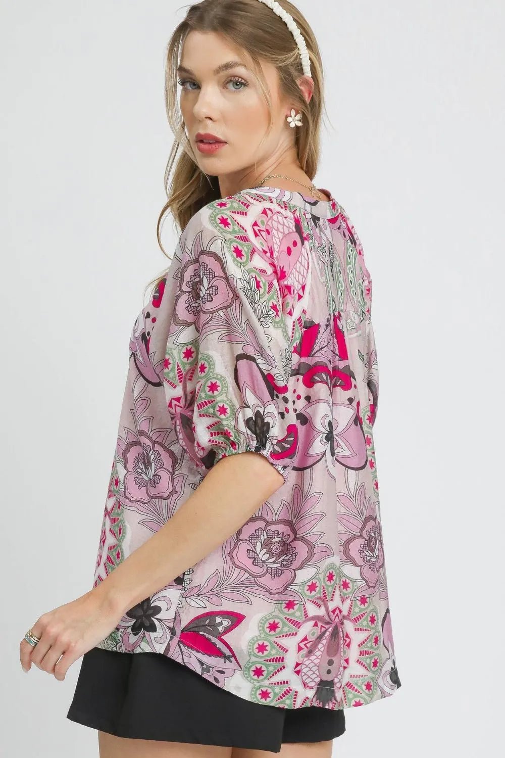 Umgee Floral Print Half Sleeve Blouse - JUST - JEN BOUTIQUE