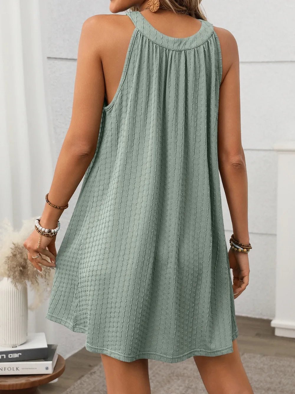Textured Grecian Neck Mini Dress - JUST - JEN BOUTIQUE