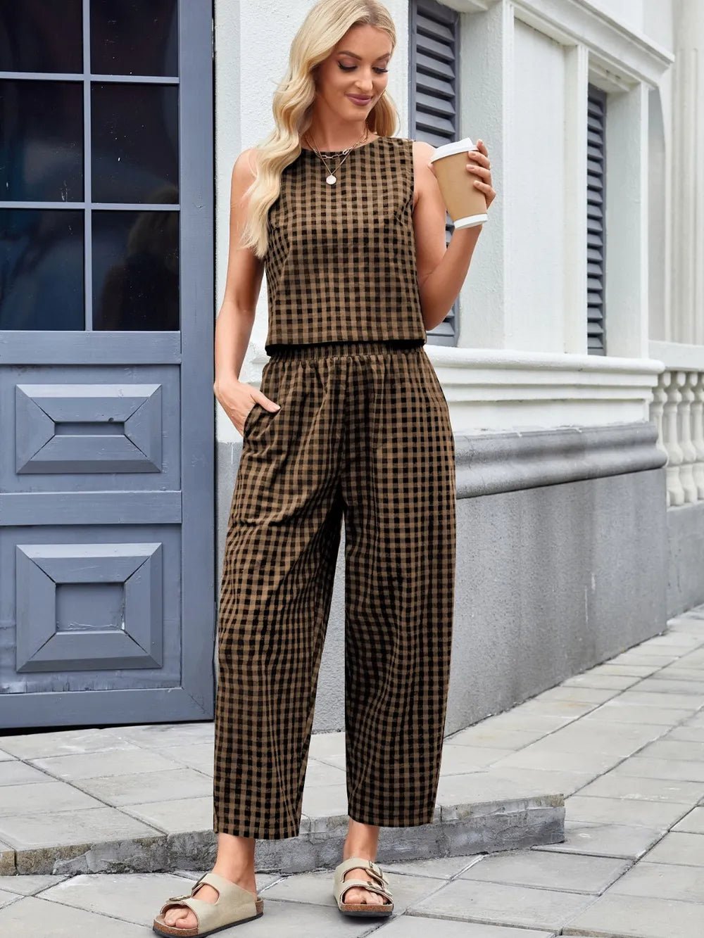 Plaid Sleeveless Top and Pants Set - JUST - JEN BOUTIQUE