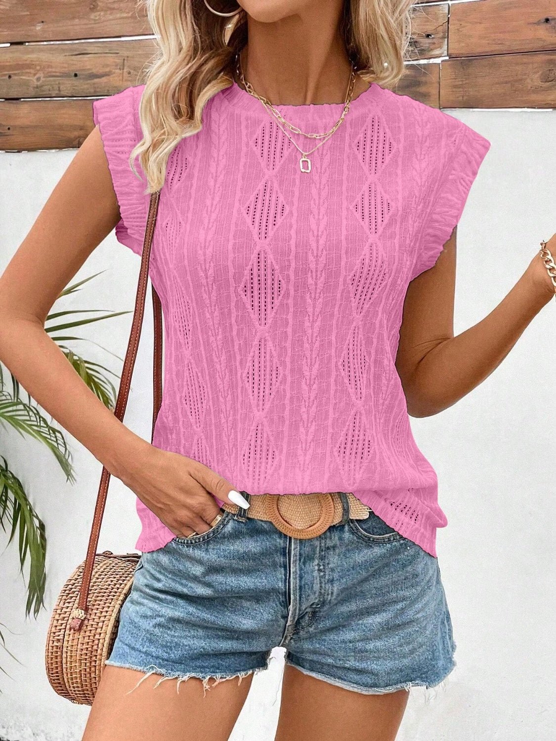 Eyelet Round Neck Cap Sleeve Top - JUST - JEN BOUTIQUE