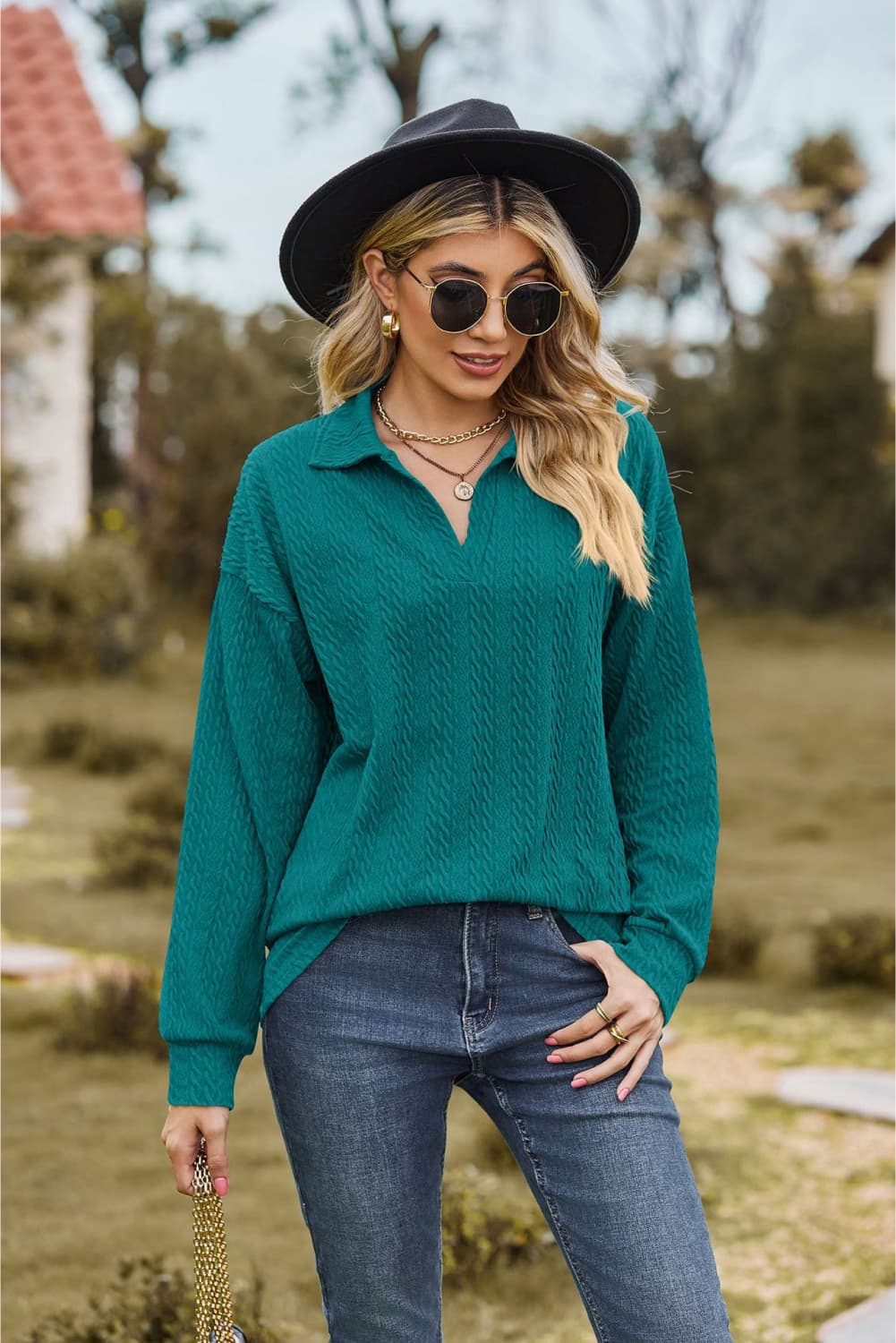 Collared Neck Cable - Knit Long Sleeve Blouse - JUST - JEN BOUTIQUE
