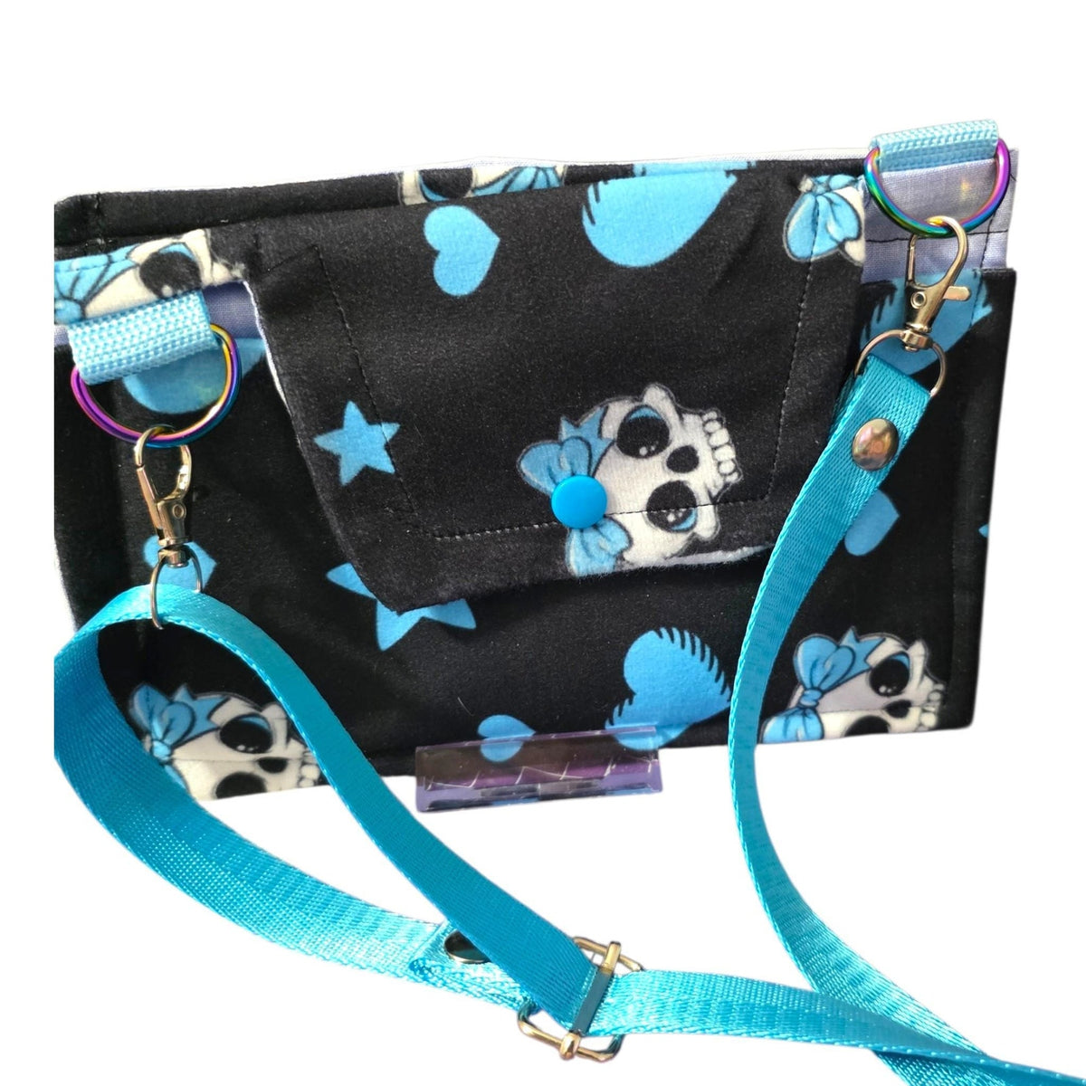 Gothic Skull Cell Phone Crossbody Bag W/3 Compartments Black & Blue