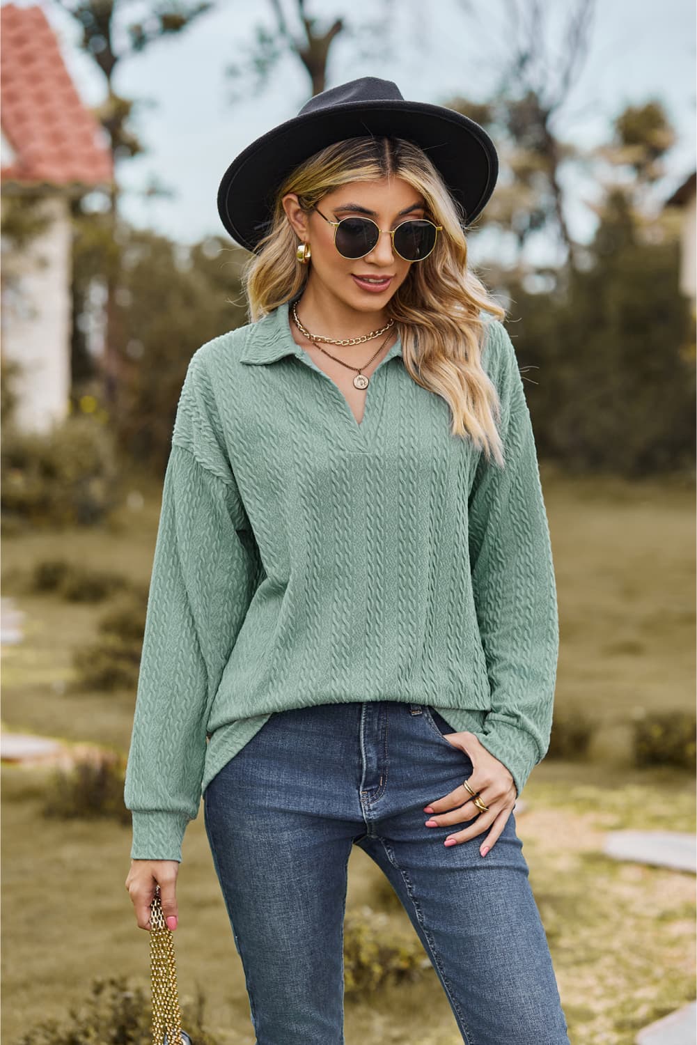 Collared Neck Cable - Knit Long Sleeve Blouse - JUST - JEN BOUTIQUE