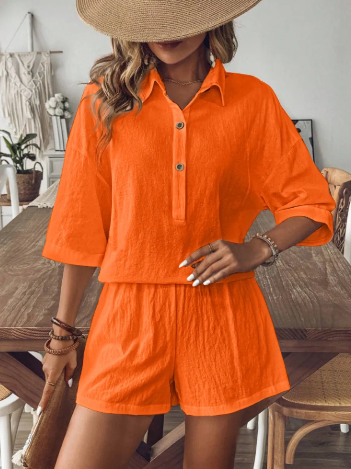Collared Neck Half Sleeve Top and Shorts Set - JUST - JEN BOUTIQUE