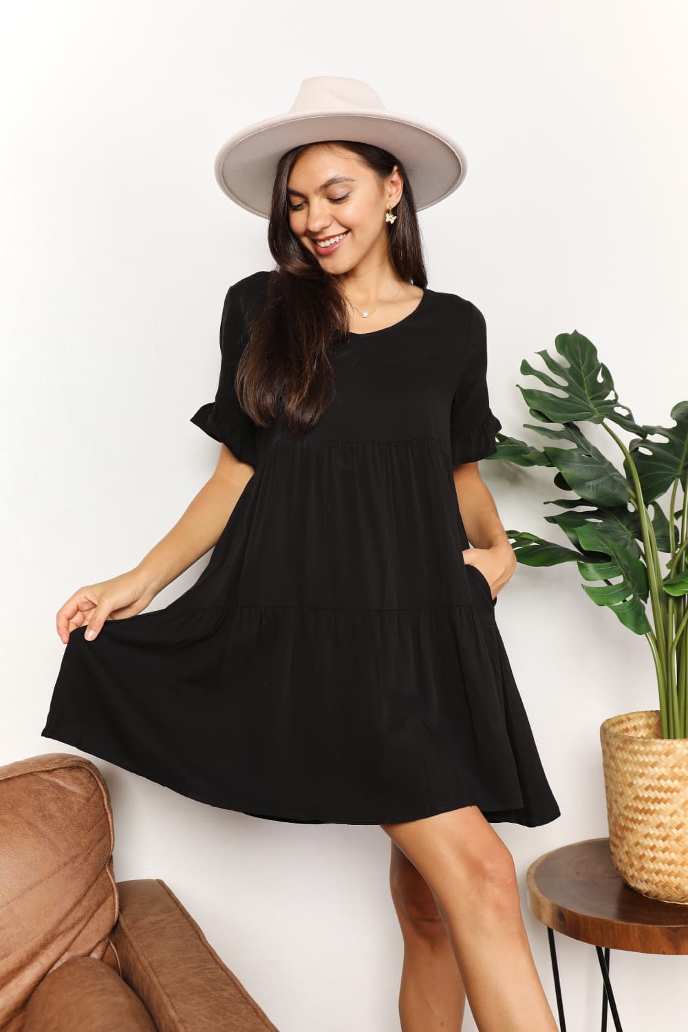 Mandy V - Neck Flounce Sleeve Tiered Dress - JUST - JEN BOUTIQUE