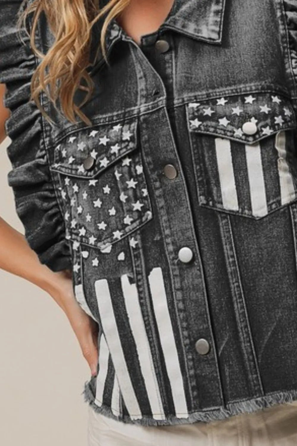 BiBi American Flag Washed Denim Jacket - JUST - JEN BOUTIQUE